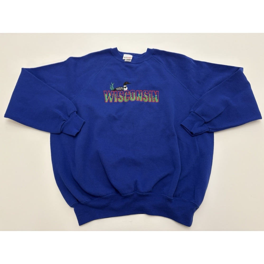 VTG 90s Wisconsin Embroidered Sweater Blue Made In USA SZ 2XL
